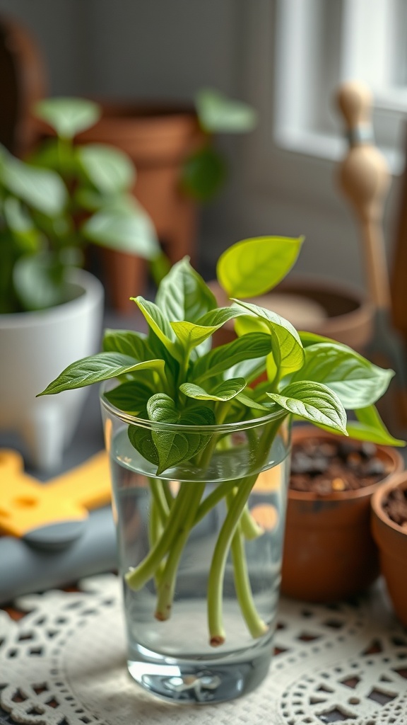 Healthy Pothos cuttings in a glass of water, ready for propagation.