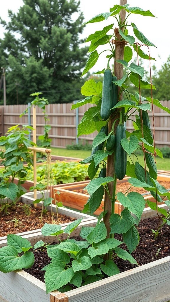 A raised bed garden featuring vertical cucumber vines climbing a post.