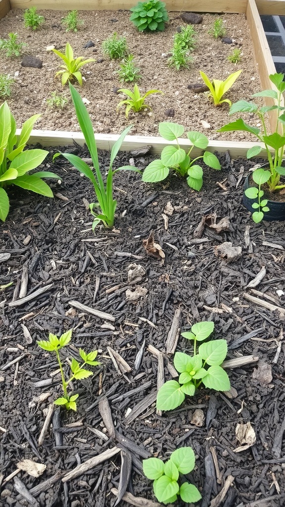 A raised bed garden with various plants and a layer of mulch