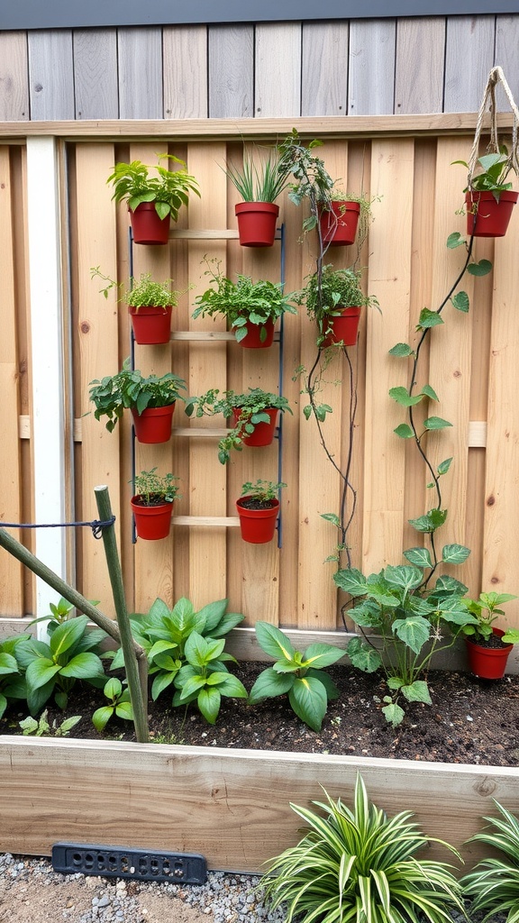 A vertical garden setup with red pots on a wooden wall, complemented by a raised garden bed filled with green plants.