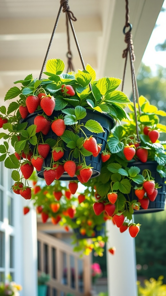 Hanging baskets filled with strawberry plants, showcasing ripe red strawberries and vibrant green leaves.