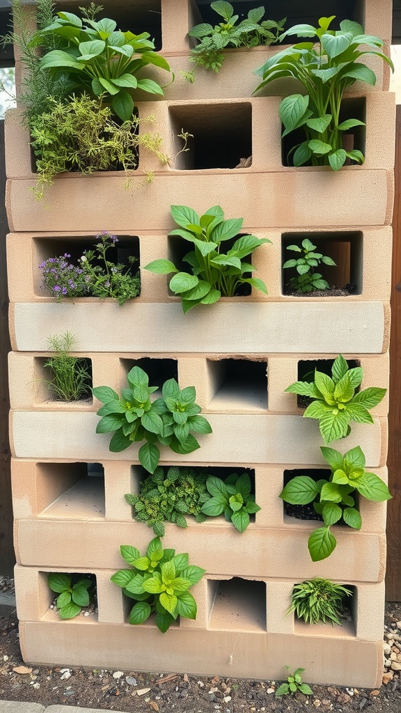 Vertical herb garden made from cinder blocks with various plants growing