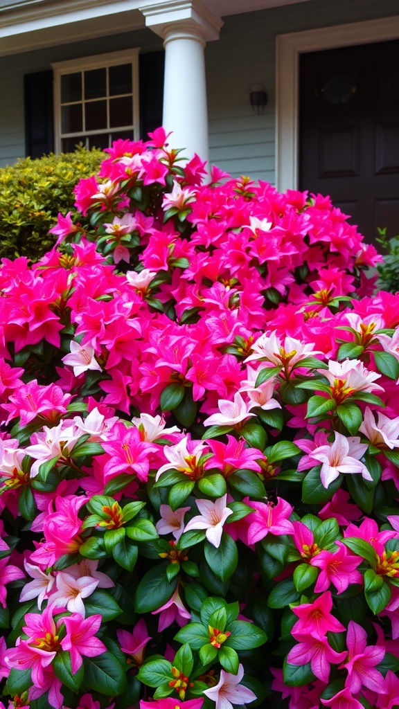 Colorful azaleas blooming at the front of a house