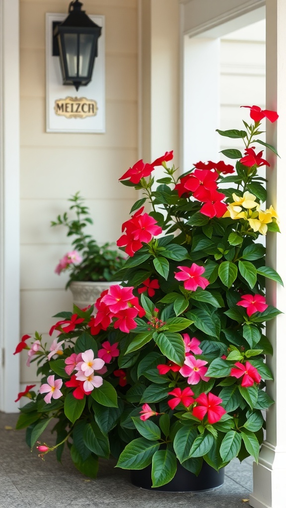 Vibrant impatiens flowers in various colors in a porch setting