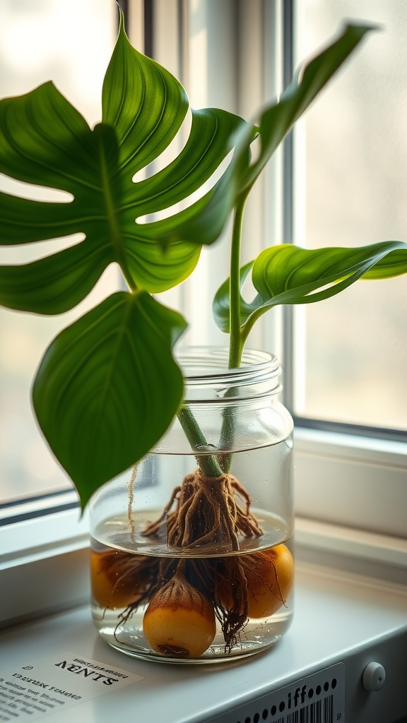 A Monstera cutting in a glass jar with visible roots developing in the water.