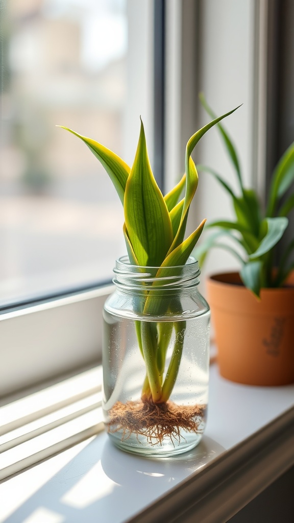 A Snake Plant growing in a jar of water, showing roots developing from the base of the leaves.