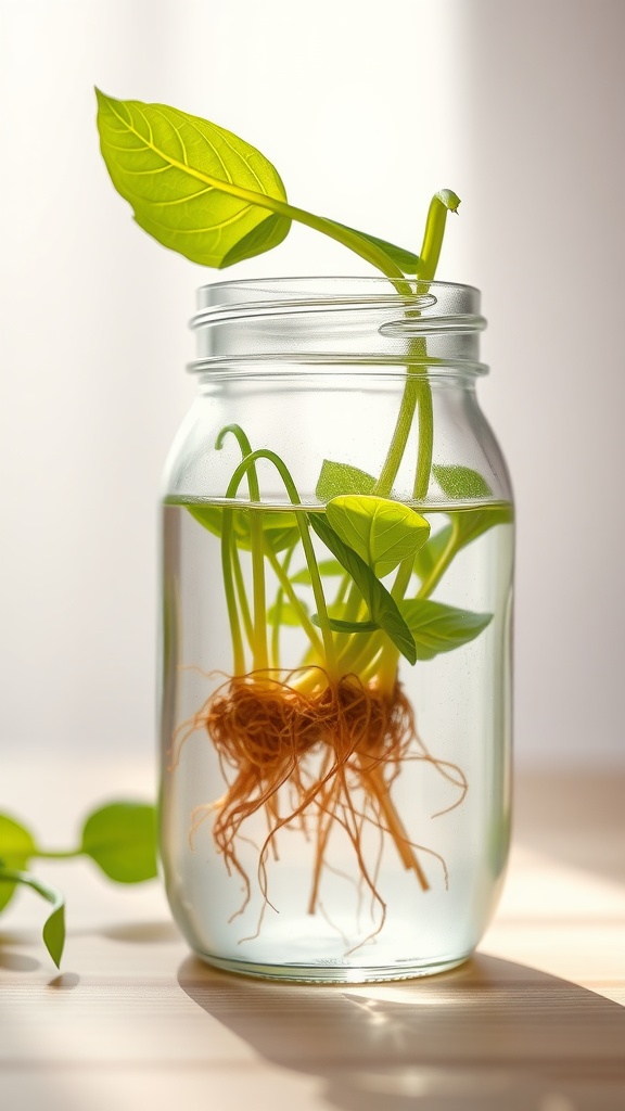 A Pothos cutting with roots in a jar of water, symbolizing the propagation process.