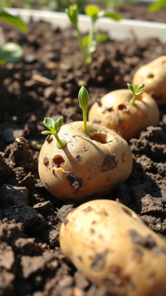 Chitting potatoes with green shoots emerging from the eyes, showing the early stages of growth.