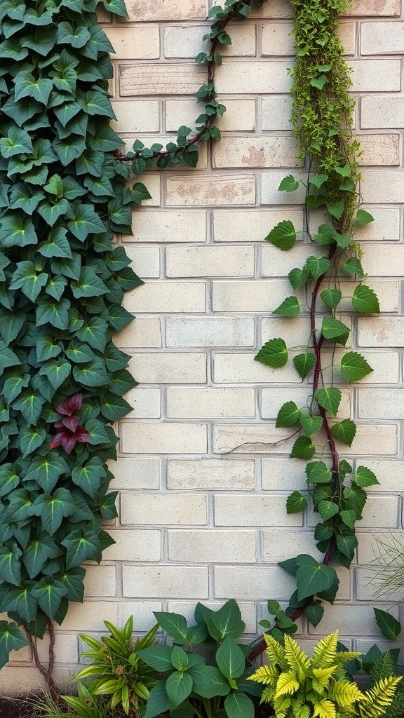 A wall made of cinder blocks covered with climbing plants, showcasing vibrant greenery