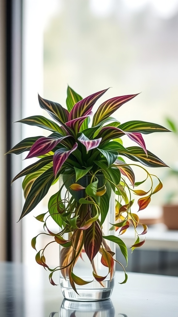 A vibrant Wandering Jew plant in a clear vase, showcasing its green and purple striped leaves.