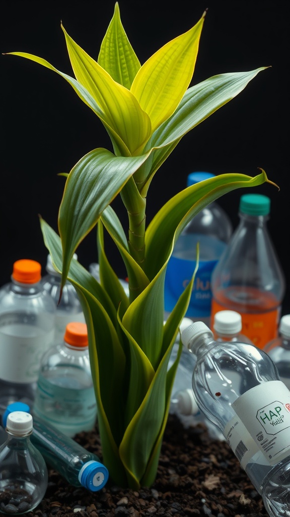 A healthy snake plant surrounded by plastic water bottles, illustrating the importance of clean water for plant health.