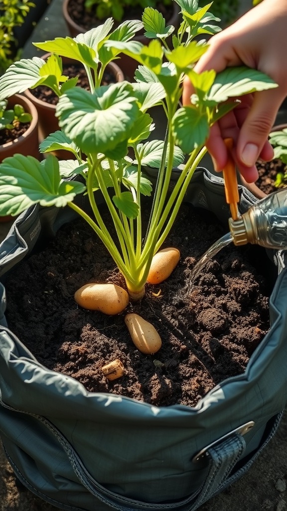 A hand watering a potato plant growing in a fabric grow bag with small potatoes visible in the soil.