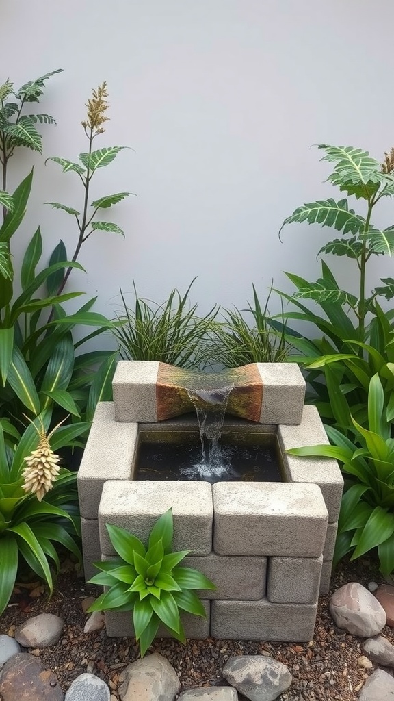 Cinder block water feature surrounded by plants