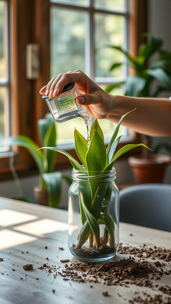 A hand pouring water into a jar containing a snake plant, highlighting the propagation process.