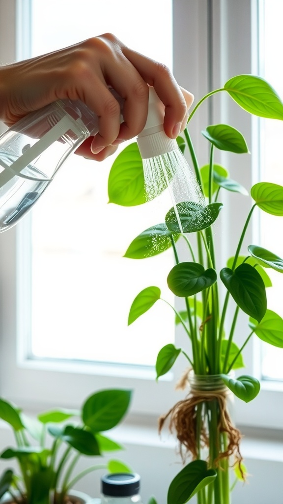 A hand misting a pothos plant, demonstrating proper watering technique for propagation.