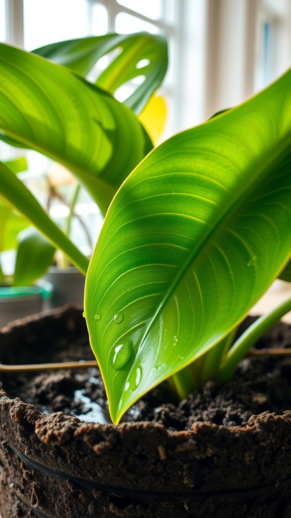 Close-up of a healthy Monstera leaf with water droplets on it, showing the soil in the background.