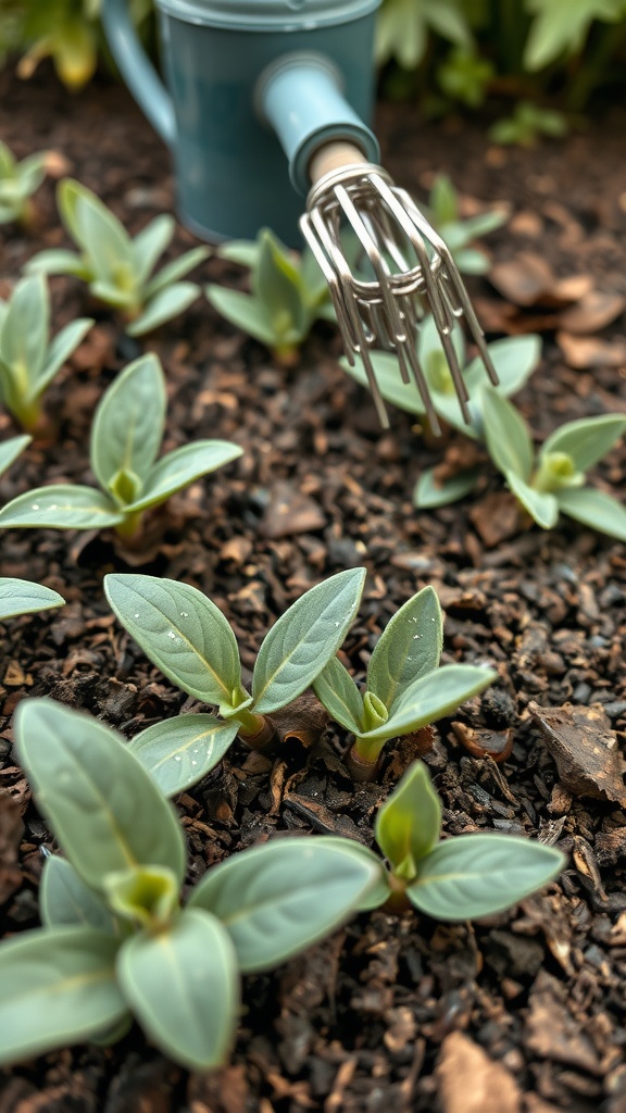Water being poured onto young sage plants in moist soil.
