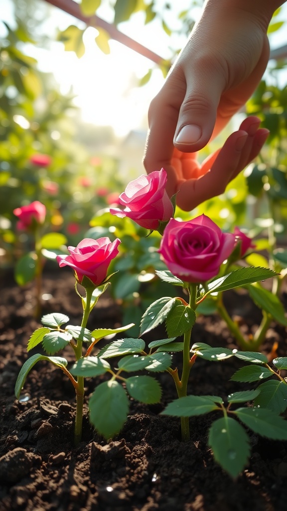 A hand touching pink roses in a garden, demonstrating gentle care for plants.