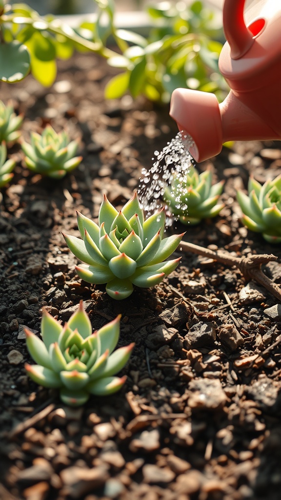 A watering can gently pouring water onto healthy green succulents in soil.