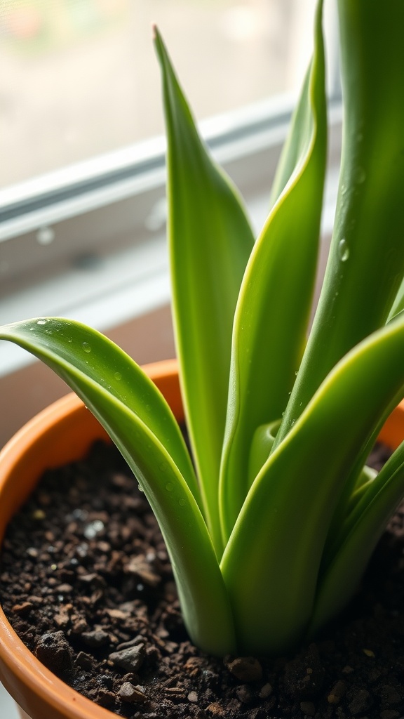 Close-up of a healthy snake plant in a terracotta pot, showing its glossy green leaves and rich soil.