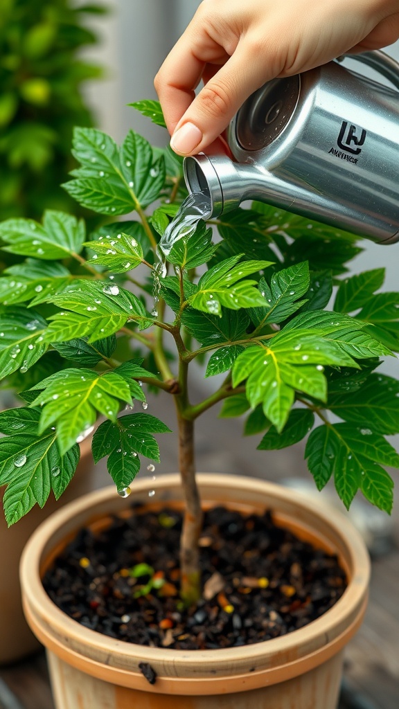 A person watering a Chinese Money Tree plant in a pot, with droplets on the leaves.