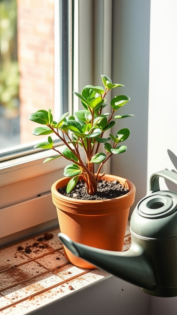 A jade plant in a terracotta pot on a windowsill, with a green watering can nearby.