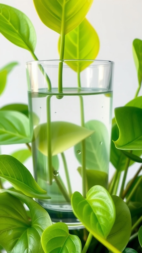 A healthy Pothos cutting in a glass of clear water surrounded by lush green leaves.