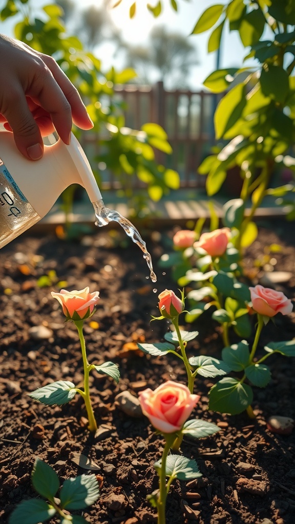 A hand watering pink roses in a garden with soil, focusing on proper watering technique for rose propagation.