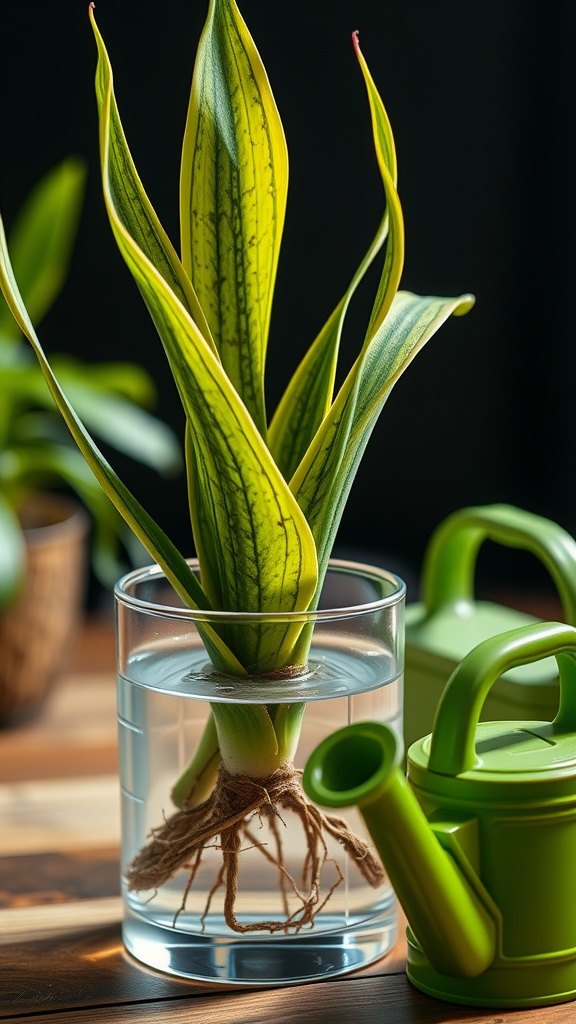 A healthy snake plant in water with visible roots and a green watering can beside it.