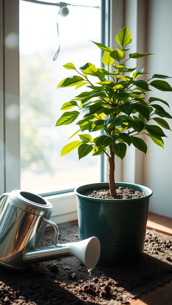 A Chinese Money Tree near a watering can, showcasing plant care for propagation.