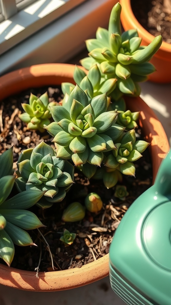 A close-up view of succulent plants in a terracotta pot next to a watering can.