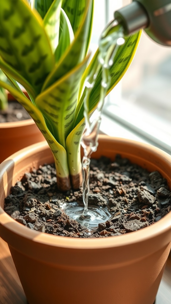 Watering a snake plant in a pot, with water flowing onto the soil, showcasing proper care.