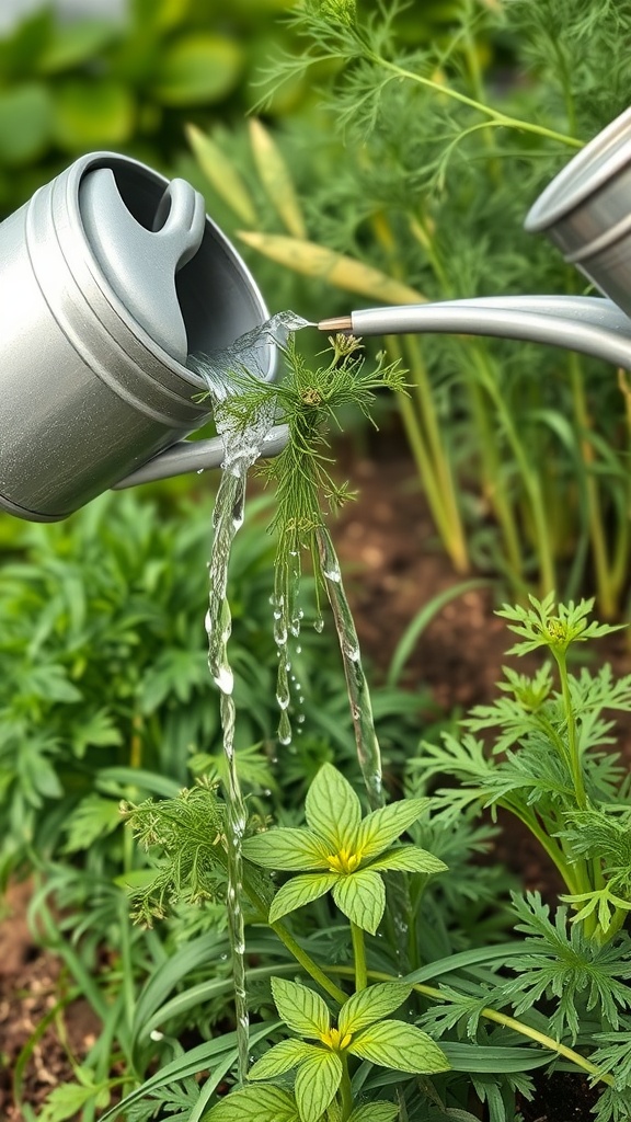 A watering can pouring water onto dill plants in a garden, highlighting the importance of watering before harvesting.