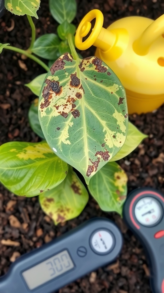 A close-up of a struggling pothos plant with leaf discoloration, a yellow watering can, and moisture meters.