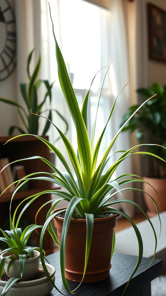 A watering can pouring water onto a spider plant in a bright indoor setting.