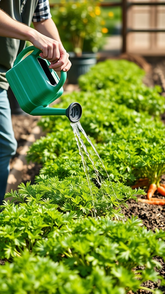 A person watering a healthy carrot garden with a green watering can.