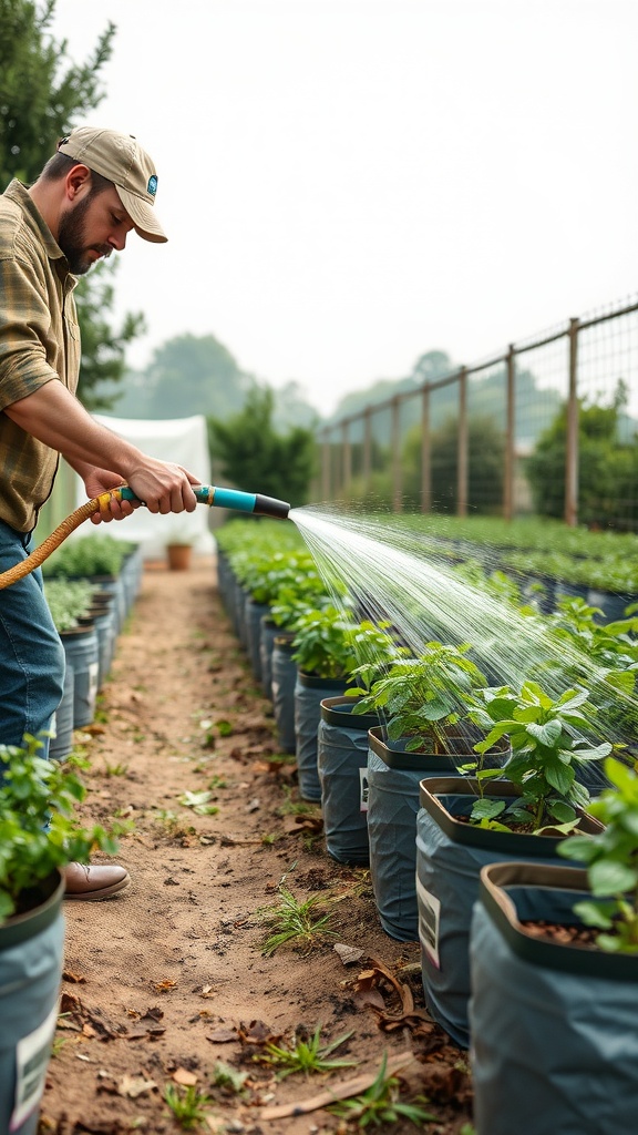 A person watering plants in grow bags with a hose in a garden setting.