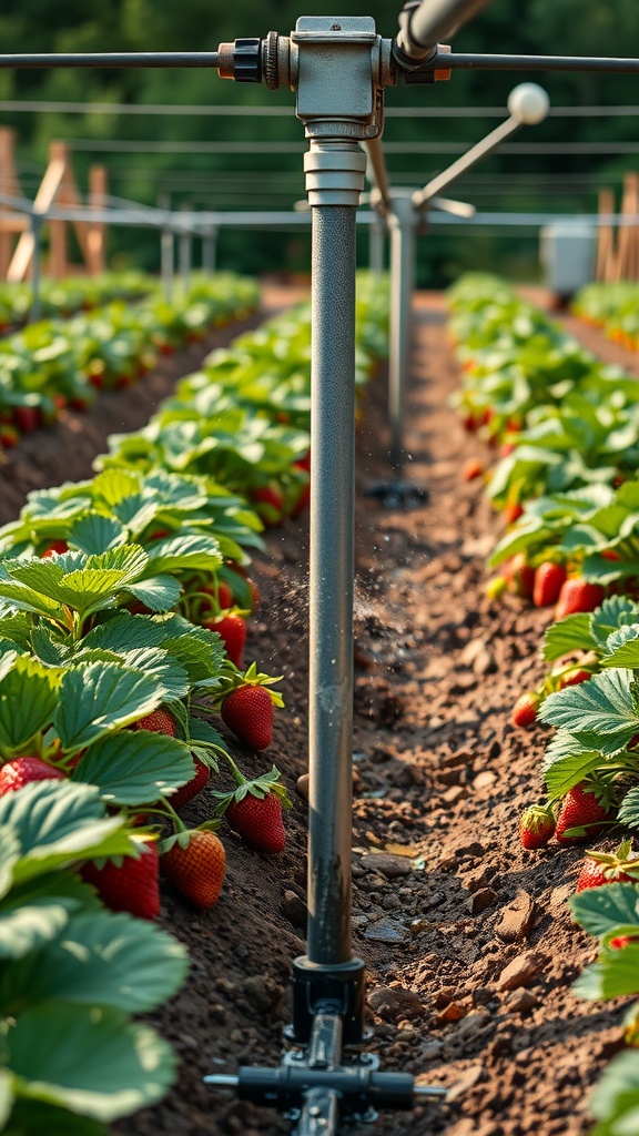 A field of strawberries with a sprinkler irrigation system, showcasing healthy plants and ripe fruit