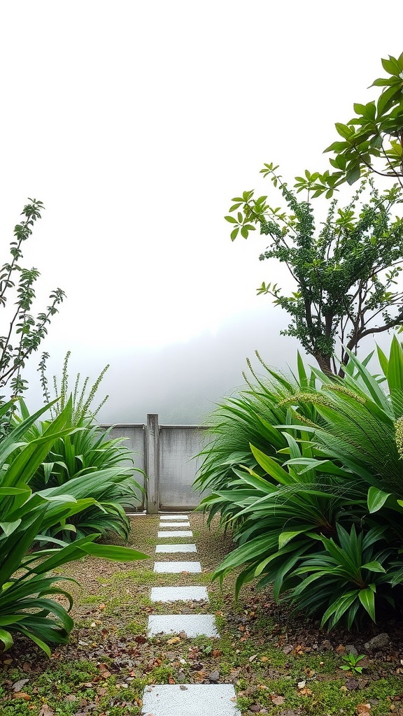 Wire mesh edging alongside lush greenery and a stone pathway