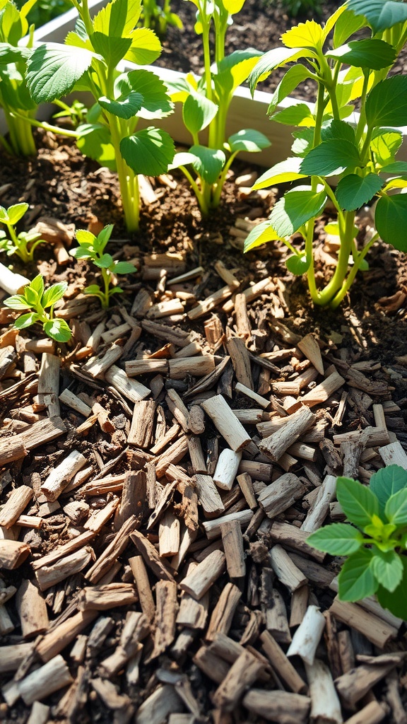 A close-up of a raised garden bed with wood chips and healthy green plants