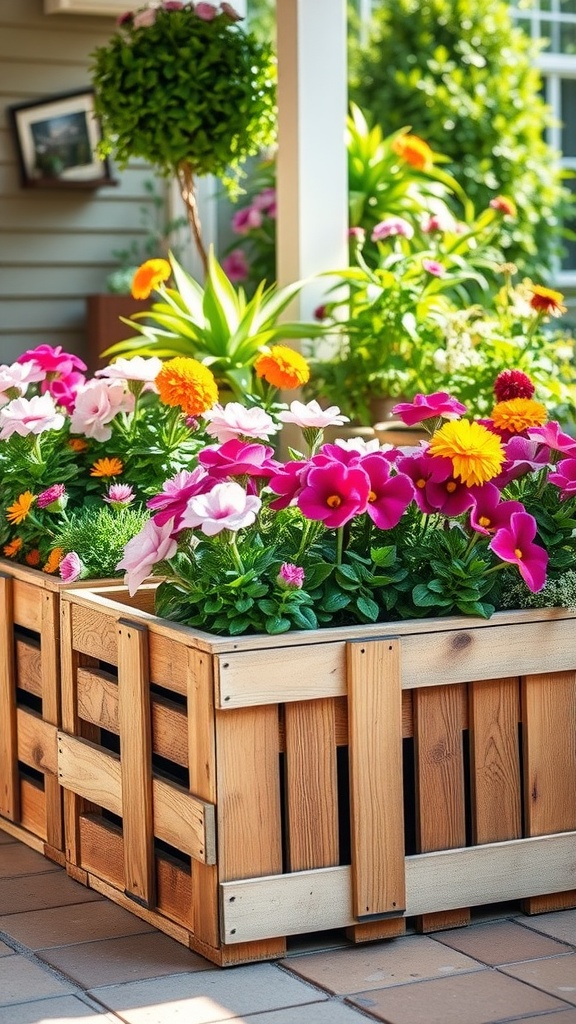 Vibrant flowers blooming in wooden crate garden boxes