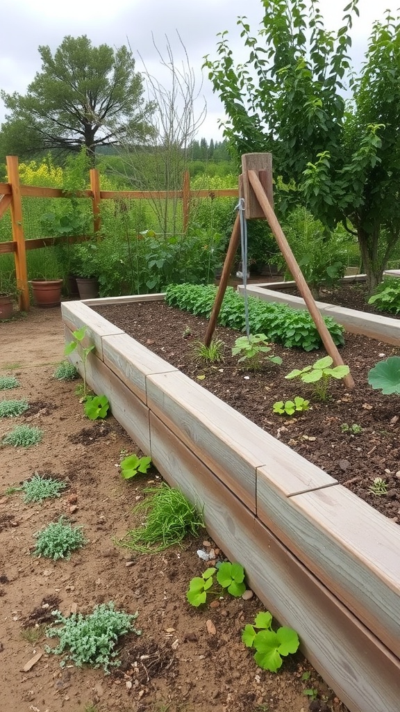 A garden bed bordered with wooden planks, featuring various plants and a serene background.