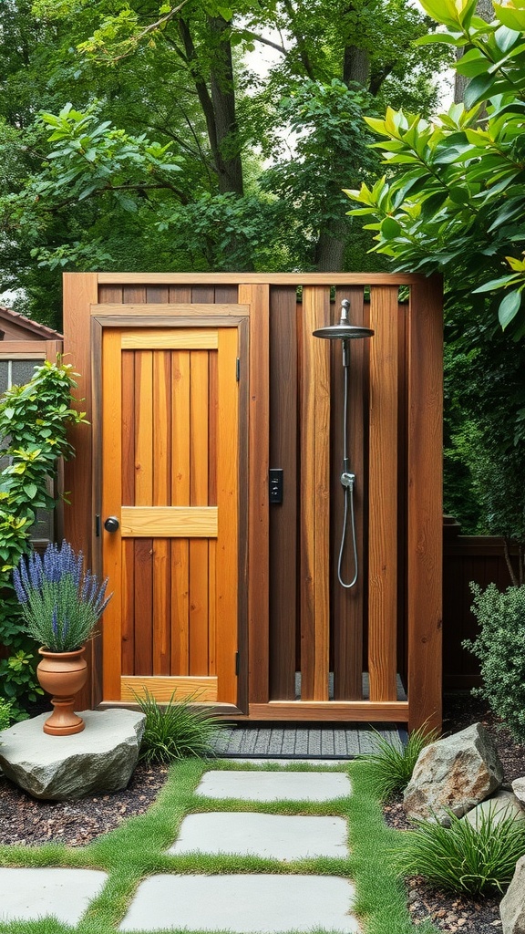 A rustic outdoor shower with a wooden privacy screen surrounded by greenery.