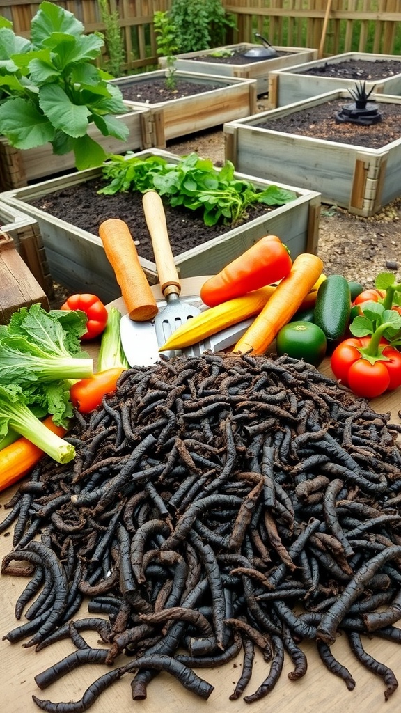 A collection of worm castings with fresh vegetables in a backyard raised garden