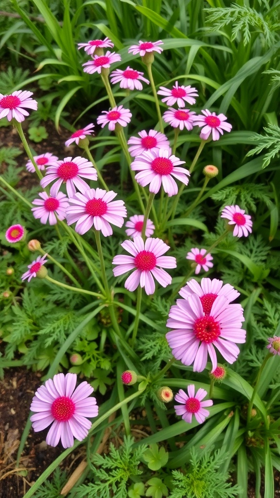 Yarrow flowers with pink petals and red centers among green foliage.