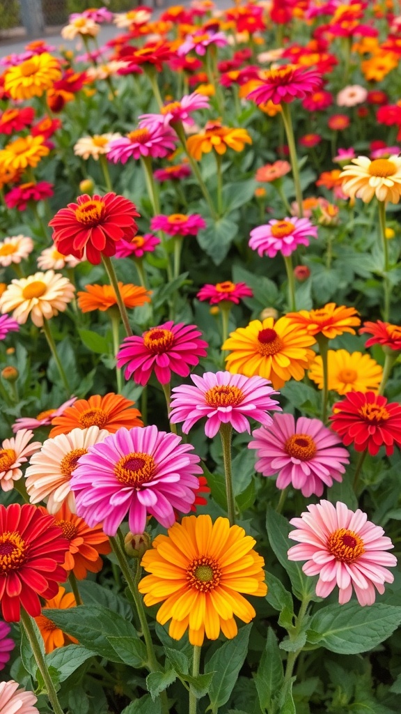 A vibrant field of zinnias in various colors, showcasing their bold blossoms under sunlight.