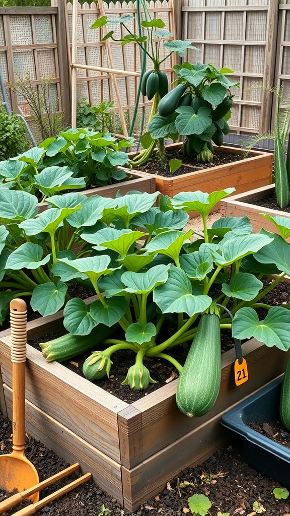 Raised garden boxes filled with lush zucchini plants and green zucchini.