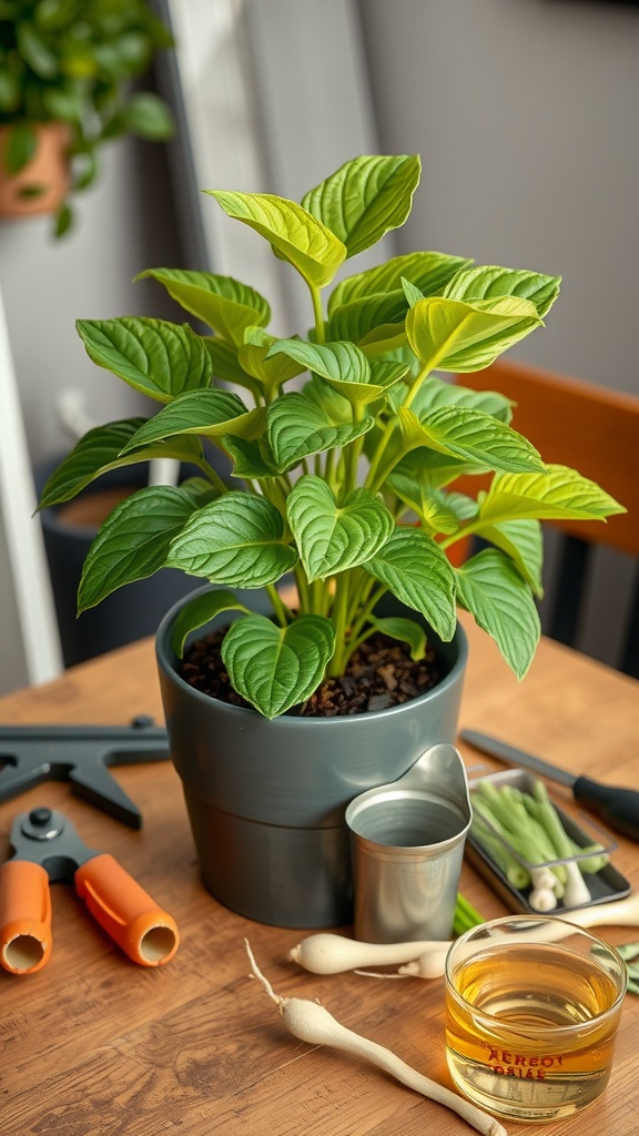 A healthy ZZ plant in a pot with gardening tools and water, showcasing its vibrant green leaves.