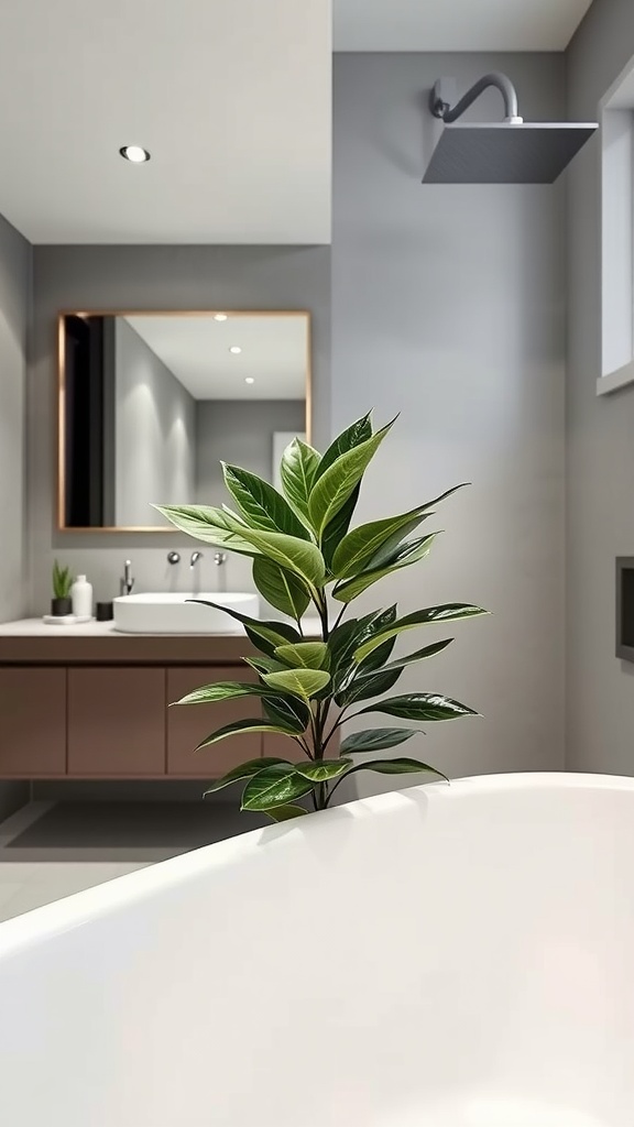 A ZZ plant in a modern bathroom beside a white bathtub