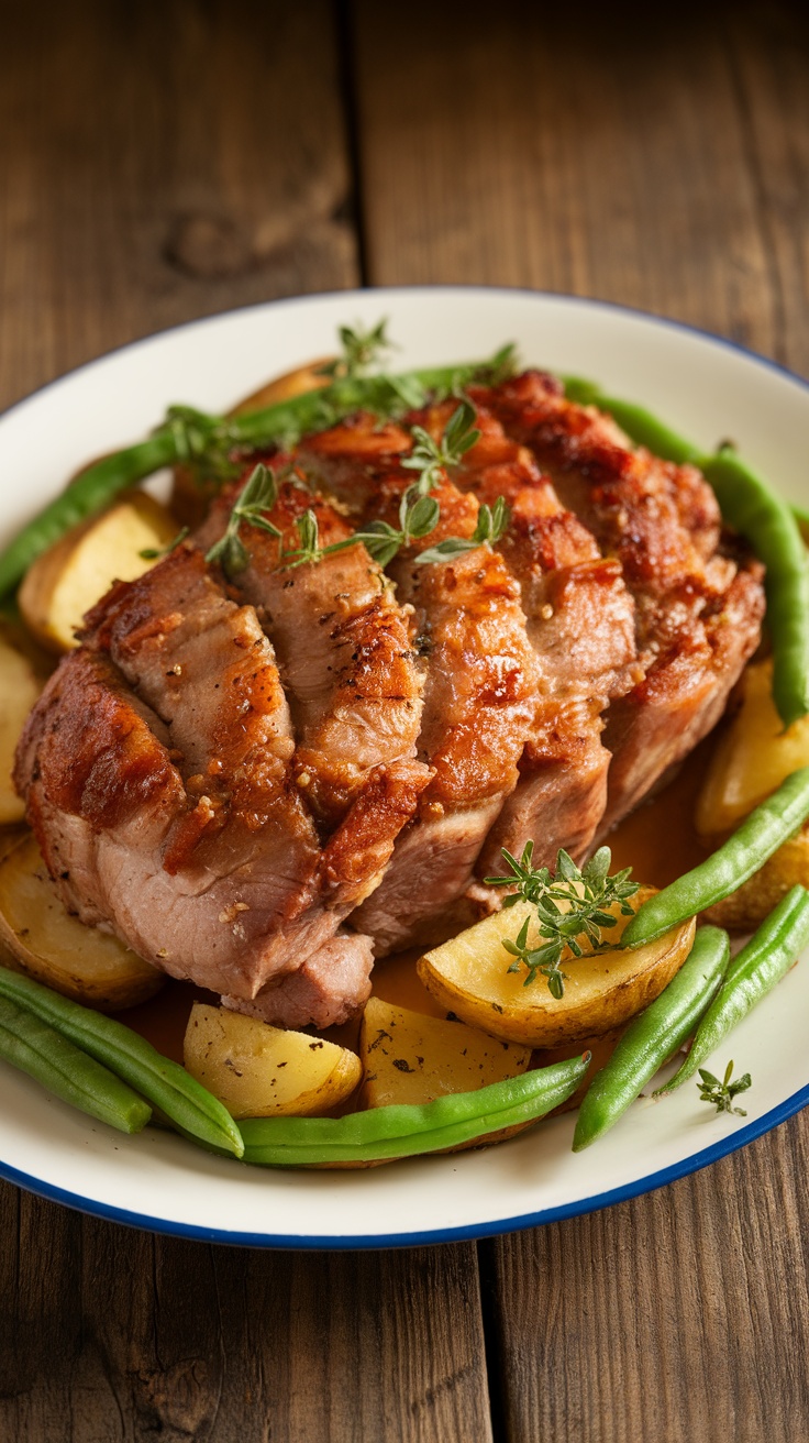 Zesty Apple Cider Vinegar Marinade for Pork A plate of golden-brown marinated pork garnished with herbs, served with colorful vegetables on a rustic table.